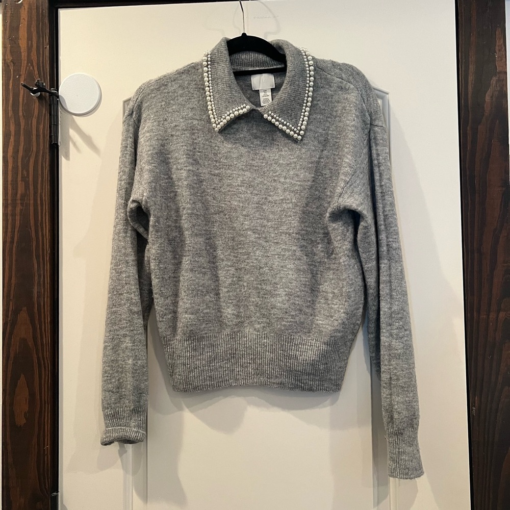 H&M Gray Sweater with Pearl Embellished Collar